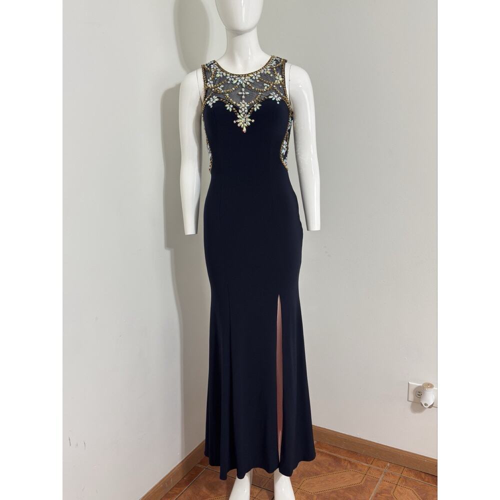Betsy & Adam Maxi Dress Black Mesh Beaded Rhinestone Gown Sleeveless Crew Neck 2